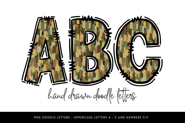 Camo Doodle Alphabet PNG – Uppercase Letters A-Z and Numbers 0-9 Sublimation BijouBay 