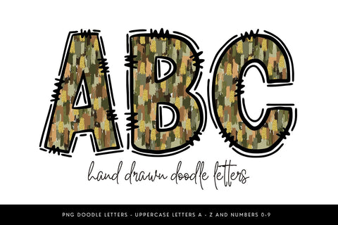 Camo Doodle Alphabet PNG – Uppercase Letters A-Z and Numbers 0-9 Sublimation BijouBay 