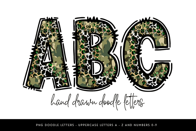 Camo Leopard Doodle Letters, PNG Alphabet Clipart Sublimation BijouBay 