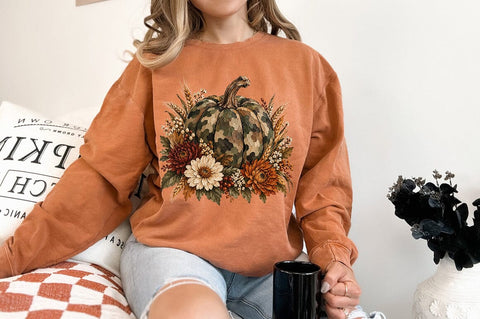 Camo Pumpkin PNG, Fall Floral Camouflage Pumpkin Graphic Sublimation Pickled Thistle Creative 