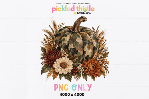 Camo Pumpkin PNG, Fall Floral Camouflage Pumpkin Graphic Sublimation Pickled Thistle Creative 