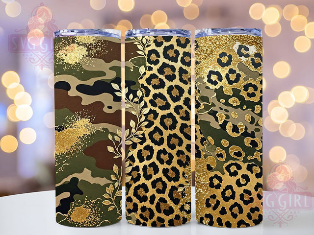 Camouflage Leopard Glitter 20oz Tumbler Wrap, Camouflage Pattern, Leopard Print, Glitter Effect, Bold Style, Trendy Design, Skinny Tumbler, Sublimation PNG Sublimation SvggirlplusArt 