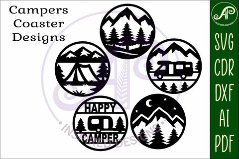 Camper Coasters, laser cut out camping, mountains designs 1 SVG APInspireddesigns 