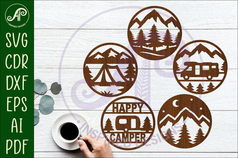 Camper Coasters, laser cut out camping, mountains designs 1 SVG APInspireddesigns 