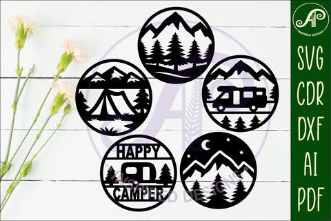 Camper Coasters, laser cut out camping, mountains designs 1 SVG APInspireddesigns 