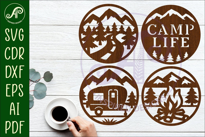 Camper Coasters, laser cut out camping, mountains designs 2 SVG APInspireddesigns 