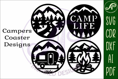 Camper Coasters, laser cut out camping, mountains designs 2 SVG APInspireddesigns 
