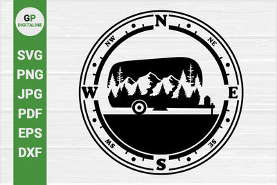 Camper, Forest, Mountain, Travel Trailer, Compass SVG SVG GPDigitaline 