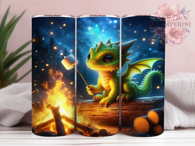 Campfire Dragon Roasting Marshmallow Tumbler, Roasting Marshmallow, Fantasy Tumbler, Cozy Wrap, Mythical Creature, Sublimation Cup, 20Oz Tumbler Sublimation Li Zamperini 