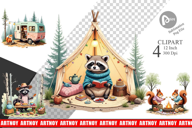 Camping Cozy Animals Clipart Sublimation artnoy 