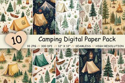 Camping Digital Paper Pack, Seamless Watercolor Pattern Bundle, Printable Scrapbook Paper, Outdoor Adventure Design Collection Digital Pattern FloridPrintables 