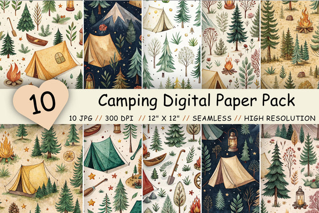 Camping Digital Paper Pack, Seamless Watercolor Pattern Bundle, Printable Scrapbook Paper, Outdoor Adventure Design Collection Digital Pattern FloridPrintables 