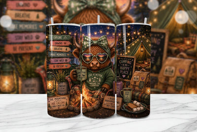 Camping Highland Cow Tumbler Wrap PNG Sublimation BijouBay 