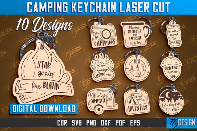 Camping Keychain Laser Cut Bundle | Adventure Design | Summer Camping Vibes | CNC File SVG Fly Design 