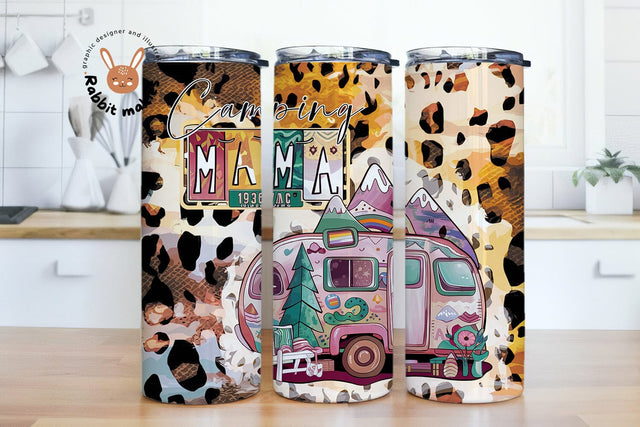 Camping mama 20 oz skinny tumbler sublimation design Pink camp life Leopard Van Camper digital PNG Sublimation Rabbitmakies 