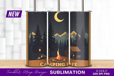 Camping Night With Campfire And Cabin Illustration Sublimation Regulrcrative 