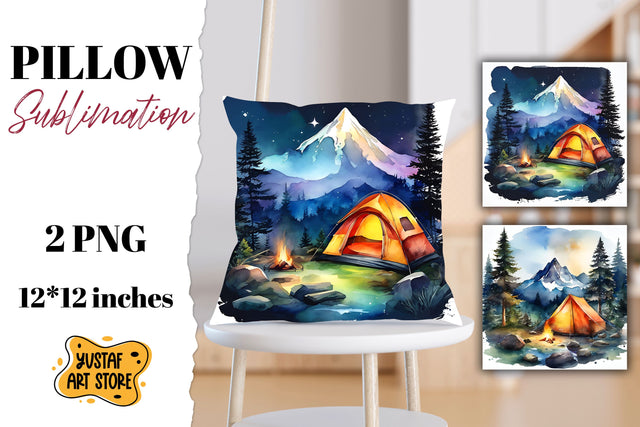 Camping pillow sublimation. Watercolor camping Sublimation Yustaf Art Store 