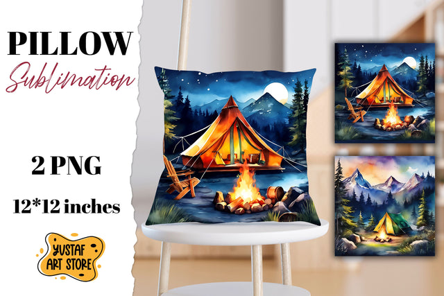 Camping pillow sublimation. Watercolor camping Sublimation Yustaf Art Store 