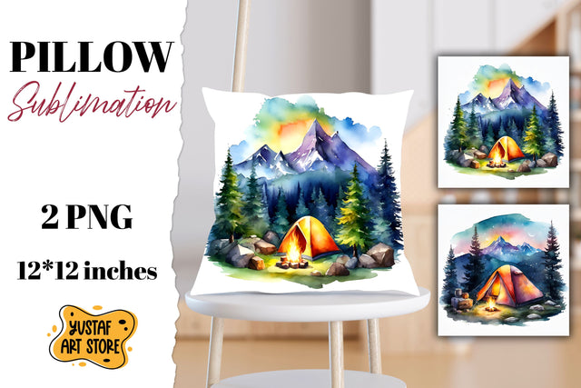 Camping pillow sublimation. Watercolor camping Sublimation Yustaf Art Store 