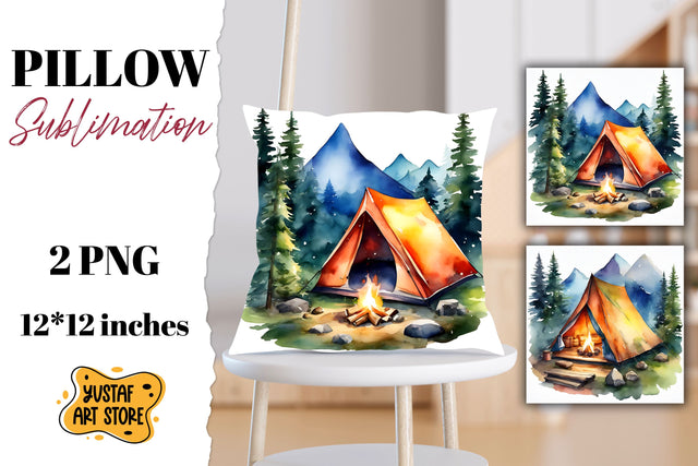 Camping pillow sublimation. Watercolor camping Sublimation Yustaf Art Store 