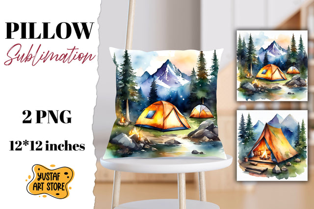 Camping pillow sublimation. Watercolor camping Sublimation Yustaf Art Store 