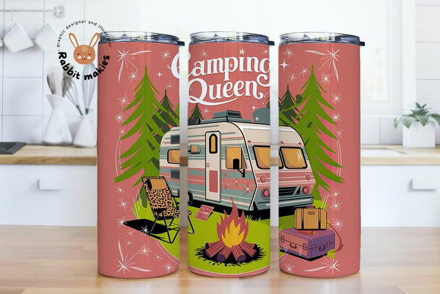 Camping Queen Tumbler, Northern Light Design, Camper Tumbler with Fire and Trees, Sublimation 20 Oz Skinny Tumbler Sublimation Rabbitmakies 