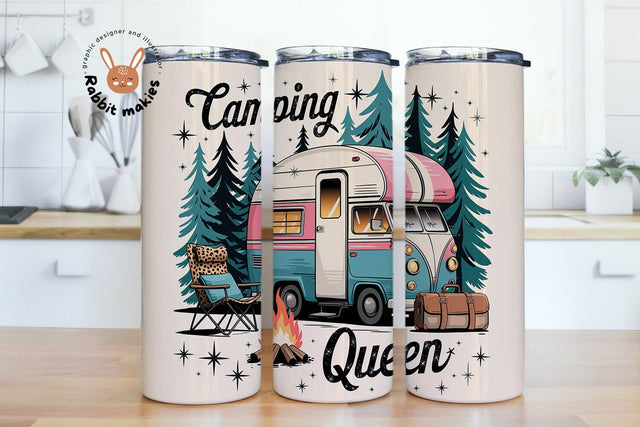 Camping Queen Tumbler, Northern Light Design, Camper Tumbler with Fire and Trees, Sublimation 20 Oz Skinny Tumbler Sublimation Rabbitmakies 