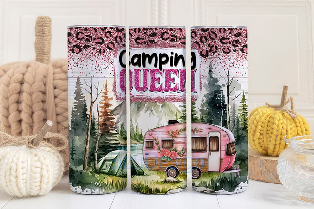 Camping Queen Tumbler Wrap, 20oz Skinny Sublimation Tumbler Design, Seamless Camping Sublimation Design, Pink Camper Tumbler Png Downloads Sublimation BouDesign 
