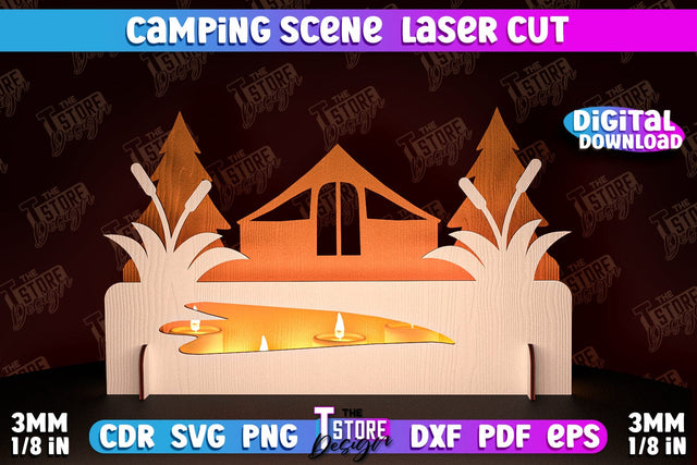 Camping Scene Laser Cut | 3D Candle Holder | Camping Vibes | CNC File SVG The T Store Design 