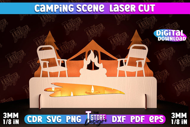 Camping Scene Laser Cut | 3D Candle Holder | Camping Vibes | CNC File SVG The T Store Design 