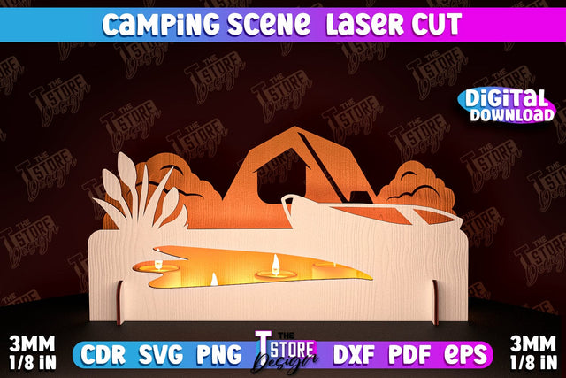 Camping Scene Laser Cut | 3D Candle Holder | Camping Vibes | CNC File SVG The T Store Design 