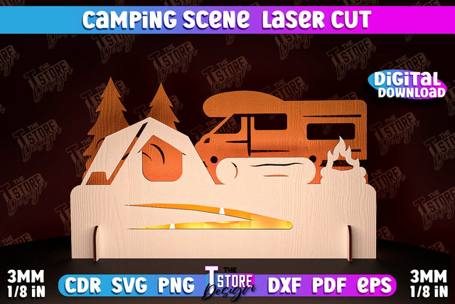 Camping Scene Laser Cut | 3D Candle Holder | Camping Vibes | CNC File SVG The T Store Design 