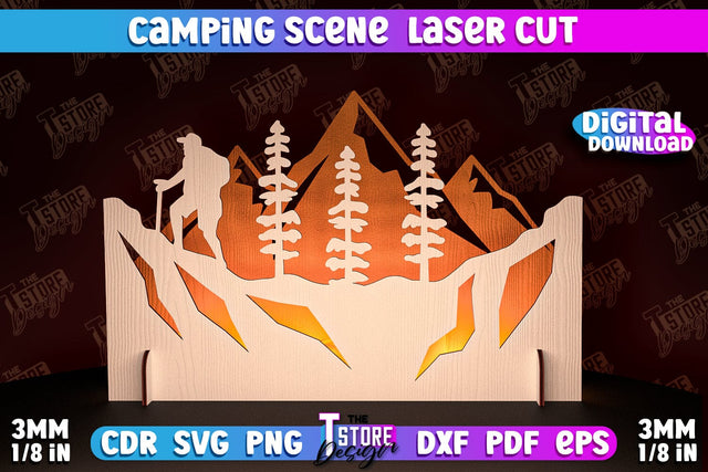 Camping Scene Laser Cut | 3D Candle Holder | Camping Vibes | CNC File SVG The T Store Design 