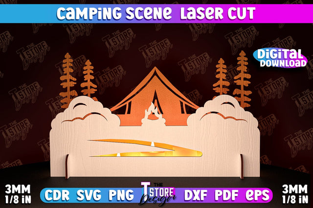 Camping Scene Laser Cut | 3D Candle Holder | Camping Vibes | CNC File SVG The T Store Design 