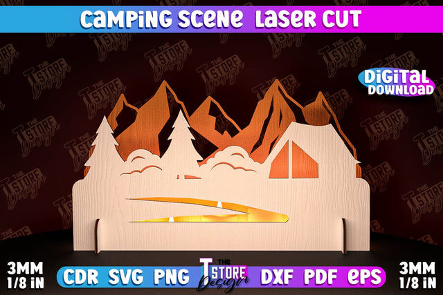 Camping Scene Laser Cut | 3D Candle Holder | Camping Vibes | CNC File SVG The T Store Design 