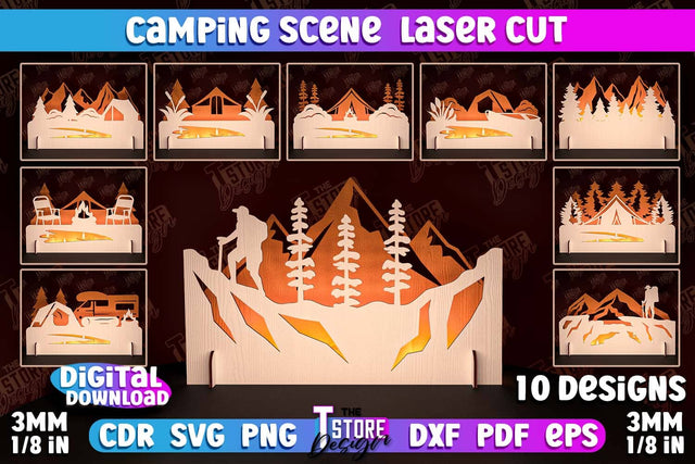 Camping Scene Laser Cut Bundle | 3D Candle Holder | Camping Vibes | CNC File SVG The T Store Design 