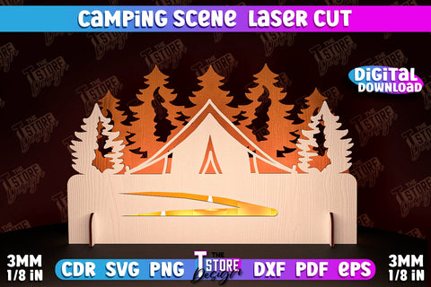 Camping Scene Laser Cut Bundle | 3D Candle Holder | Camping Vibes | CNC File SVG The T Store Design 