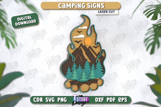 Camping Sign | 3D Camping Scene | Adventure Vibe | Hiking | CNC File SVG The T Store Design 