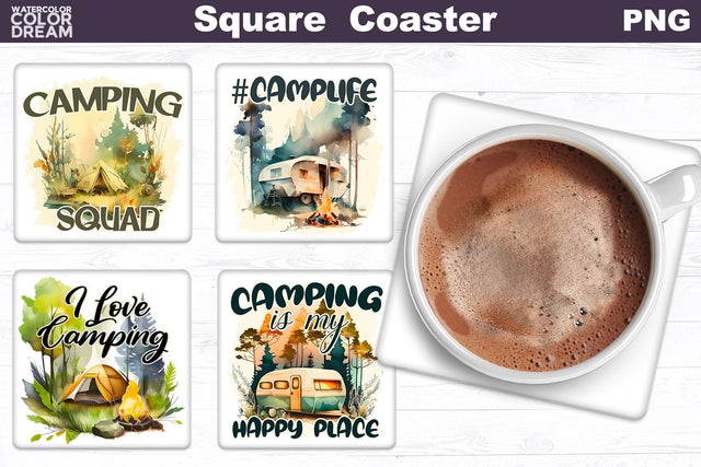 Camping Square Coaster | Camping Quotes Square Coaster Sublimation WatercolorColorDream 