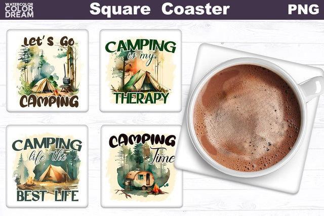 Camping Square Coaster | Camping Quotes Square Coaster Sublimation WatercolorColorDream 