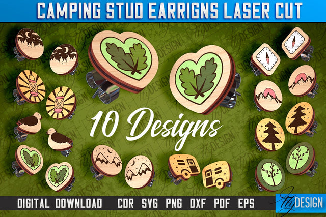 Camping Stud Earrings Laser Cut | Camper Earrings SVG Design | Accessories Laser Cut SVG Fly Design 