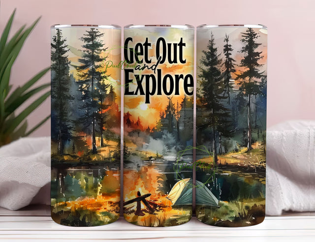 Camping Sublimation Design, 20oz Skinny Tumbler, Digital Download, Tumbler wrap png, Get out and Explore Sublimation PixelChick 