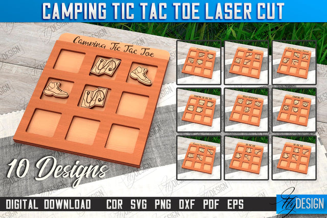 Camping Tic Tac Toe Bundle | Wooden Game Design | Adventure Vibes | CNC File SVG Fly Design 