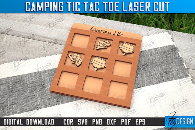 Camping Tic Tac Toe | Wooden Game Design | Adventure Vibes | CNC File SVG Fly Design 