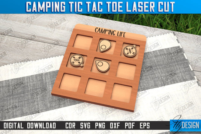 Camping Tic Tac Toe | Wooden Game Design | Adventure Vibes | CNC File SVG Fly Design 