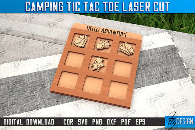 Camping Tic Tac Toe | Wooden Game Design | Adventure Vibes | CNC File SVG Fly Design 