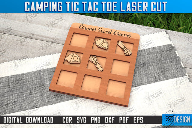 Camping Tic Tac Toe | Wooden Game Design | Adventure Vibes | CNC File SVG Fly Design 