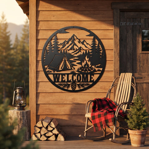 Camping Welcome Sign Laser SVG | Mountain River Campfire Metal Wall Art DXF | Laser Cut File | CNC Plasma Cut | Rustic Cabin Decor SVG HappyDesignStudio 