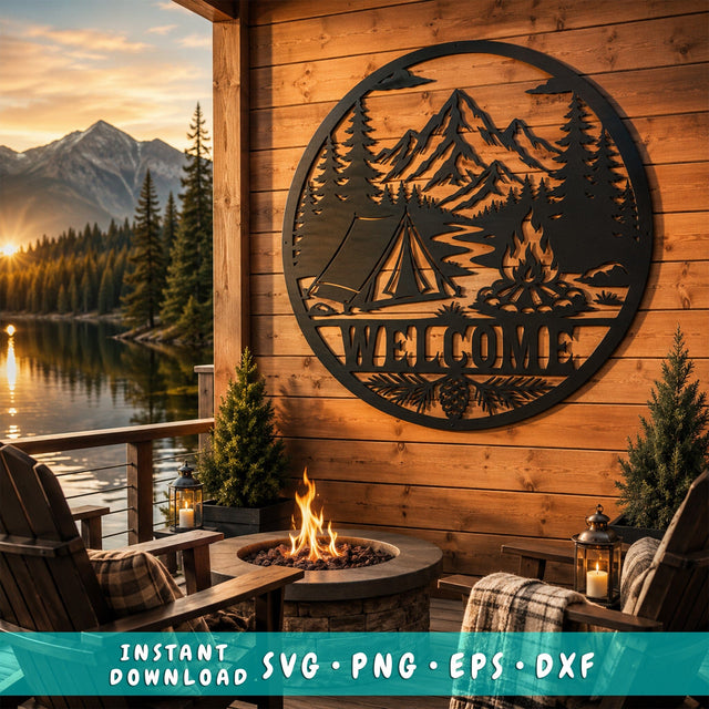 Camping Welcome Sign Laser SVG | Mountain River Campfire Metal Wall Art DXF | Laser Cut File | CNC Plasma Cut | Rustic Cabin Decor SVG HappyDesignStudio 