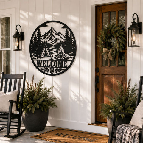Camping Welcome Sign Laser SVG | Mountain River Campfire Metal Wall Art DXF | Laser Cut File | CNC Plasma Cut | Rustic Cabin Decor SVG HappyDesignStudio 